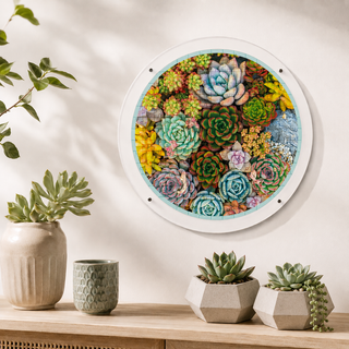 Botanical Bloom hangable acrylic wall art puzzle mounted on the wall above a shelf