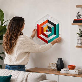Person hanging the Abstract Harmony acrylic wall art puzzle on a living room wall