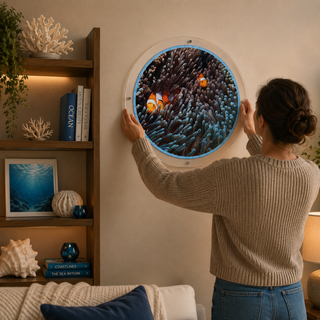Person hanging the Anemone Flow acrylic wall art puzzle on a living room wall