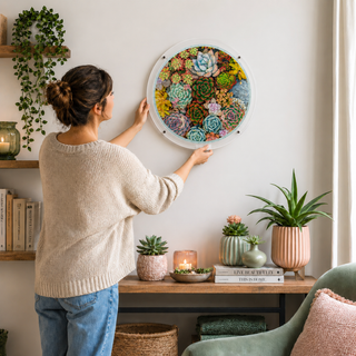 Person hanging the Botanical Bloom acrylic wall art puzzle on a living room wall