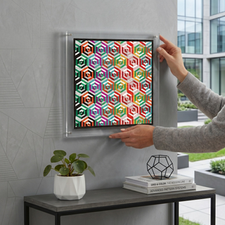 Person hanging the Hexillusion acrylic wall art puzzle on a living room wall