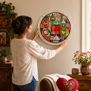 Person hanging the Painted Mosaic acrylic wall art puzzle on a living room wall
