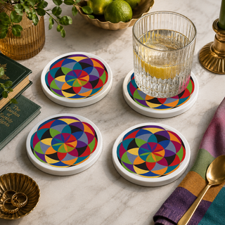 Finished Geometric Harmony hand painted ceramic coasters styled with drinks on a table