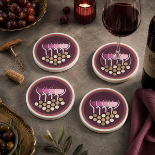 Finished Wine & Wonder hand painted ceramic coasters styled with drinks on a table