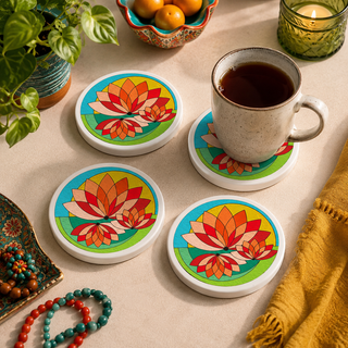 Finished Lotus Bloom hand painted ceramic coasters styled with drinks on a table
