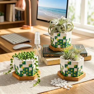 Pixeled Canopy mini hexagonal ceramic planters with succulents on an indoor desk shelf