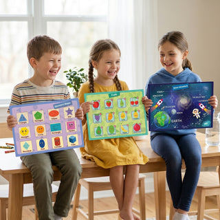 Children holding educational kids paper placemats showing colorful learning activity designs