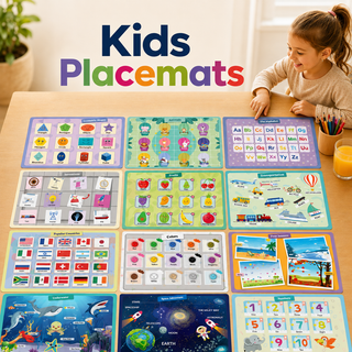 Educational kids paper placemats set of 12, one unique learning illustration per placemat