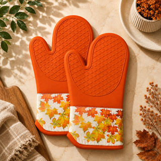 Rustic Foliage magnetic silicone oven mitts set of 2, terracotta with autumn maple leaf print
