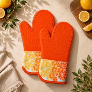 Citrus Grove magnetic silicone oven mitts set of 2, orange with citrus fruit slice print
