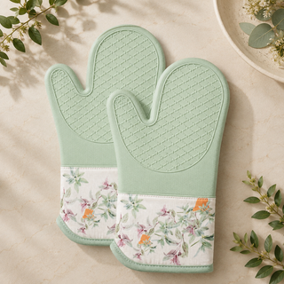 Garden Breath magnetic silicone oven mitts set of 2, sage green with watercolor wildflower print