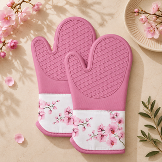 Orchid Bloom magnetic silicone oven mitts set of 2, pink with cherry blossom orchid print