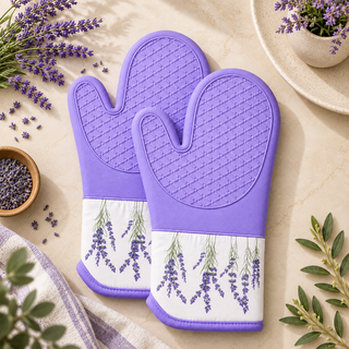 Lavender Breeze magnetic silicone oven mitts set of 2, lavender with lavender sprig print