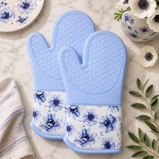 Spring Wildflower magnetic silicone oven mitts set of 2, light blue with blue wildflower print