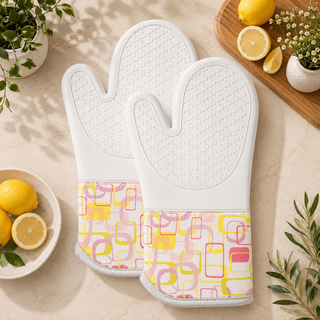 Retro Bake magnetic silicone oven mitts set of 2, cream with retro mid century kitchen print