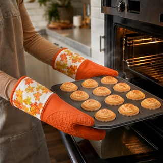 Rustic Foliage silicone oven mitts holding a hot baking tray from the oven