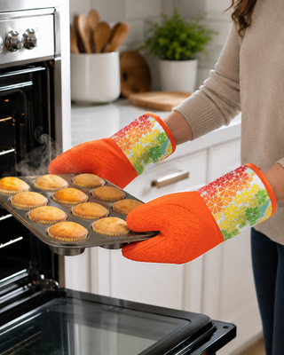 Citrus Grove silicone oven mitts holding a hot baking tray from the oven