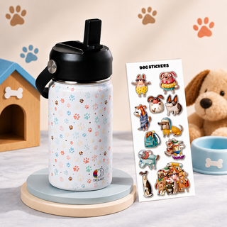 Furry Friends decorated kids water bottle with puppy and dog stickers, back to school