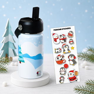 Snowy Penguins decorated kids water bottle with winter penguin stickers, back to school
