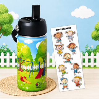 Playground Pals decorated kids water bottle with playground stickers, back to school