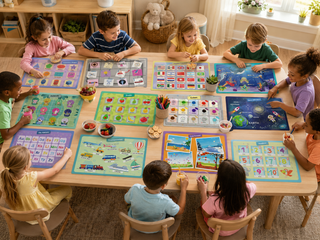 Educational kids placemats set on a dining table with fun learning illustrations