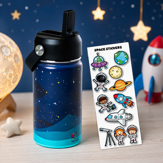 Space Explorer decorated kids water bottle with outer space astronaut and rocket stickers, back to school