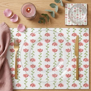 Floral Trellis paper placemat styled place setting with coordinated coaster and dinner plate