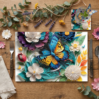 Butterfly Garden paper placemat styled place setting with coordinated coaster and dinner plate