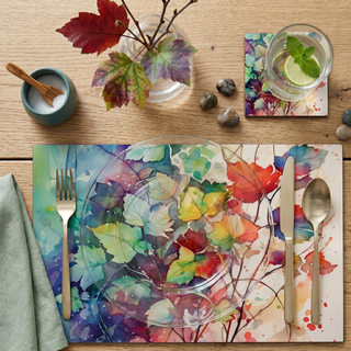 Watercolor Foliage paper placemat styled place setting with coordinated coaster and dinner plate