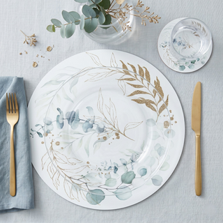 Featherlight paper placemat styled place setting with coordinated coaster and dinner plate
