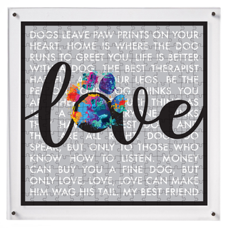 Paw & Love hangable acrylic puzzle wall art, square 14x14 inch, love word art with a dog paw and watercolor