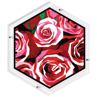 Rose Garden hangable acrylic puzzle wall art, hexagonal 14x14 inch, painterly red and pink roses