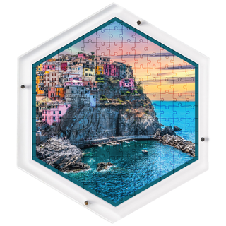 Amalfi Escape hangable acrylic puzzle wall art, hexagonal 14x14 inch, Amalfi coast cliffside village at sunset