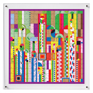 Creation Rhythm hangable acrylic puzzle wall art, square 14x14 inch, Frank Lloyd Wright style geometric color bands