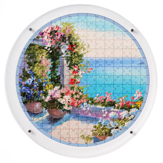 Mediterranean Balcony hangable acrylic puzzle wall art, round 14 inch round, Mediterranean seaside balcony with flowers