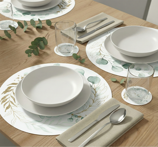 Featherlight paper placemats on a dining table set for a family dinner with centerpiece